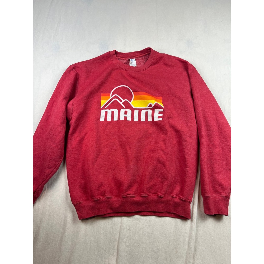Port & Company Maine Sweatshirt Red Graphic Mountain Sun Crewneck Large